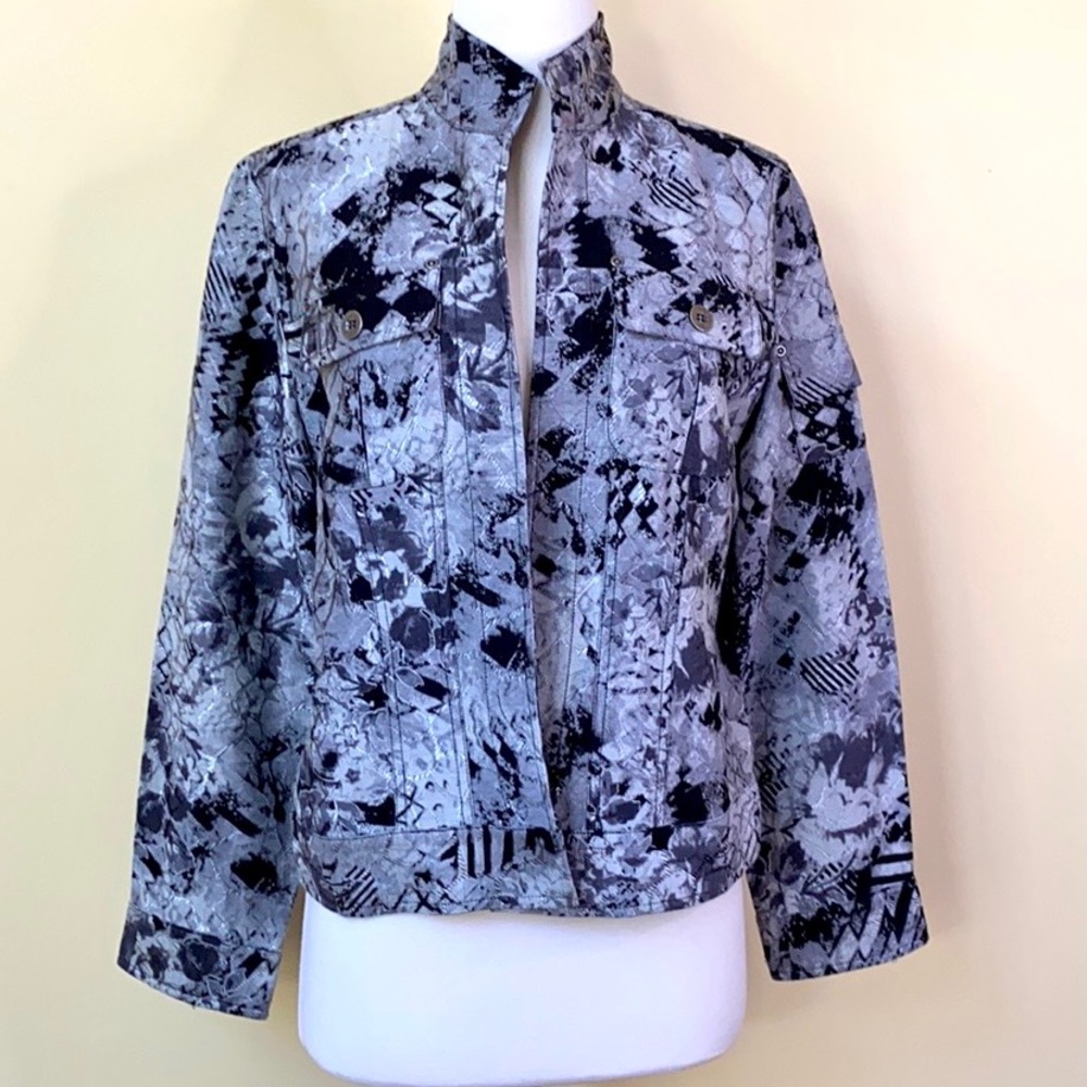 Chico's Jacquard Silver Patterned Open Jacket - image 1